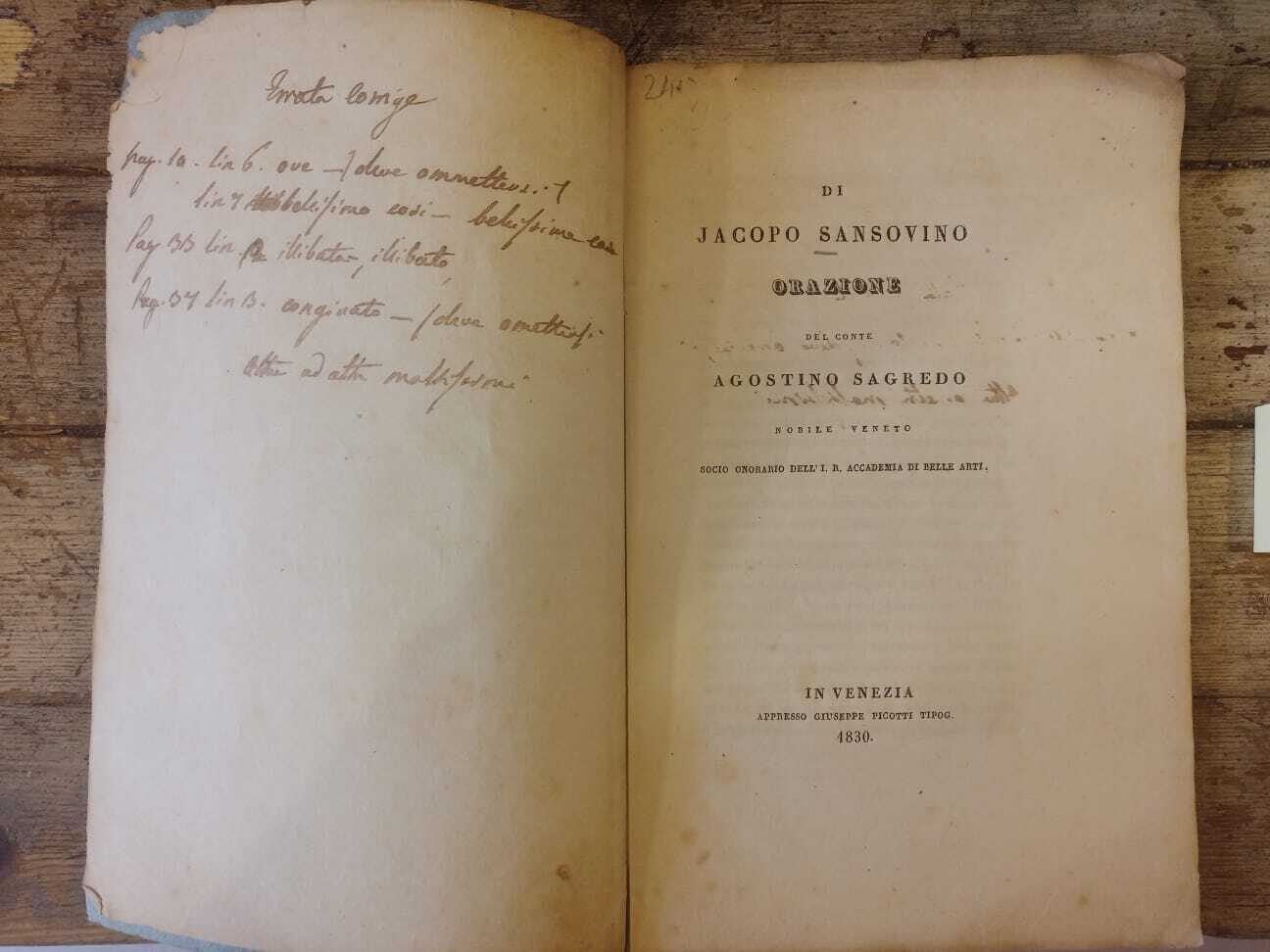 Di Jacopo Sansovino: Orazione del conte Agostino Sagredo