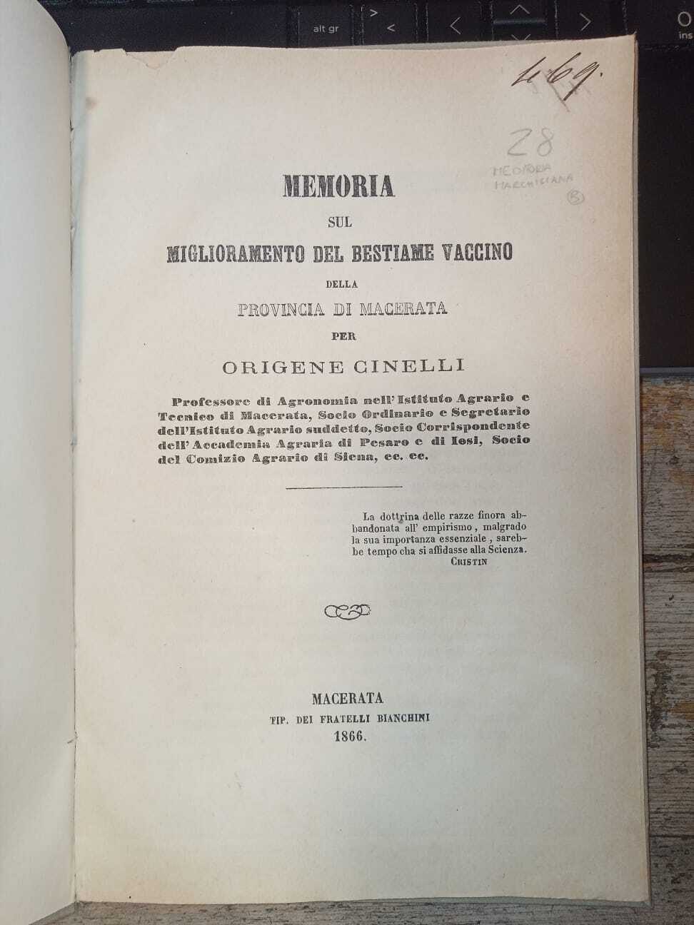 Memoria sul miglioramento del bestiame vaccino