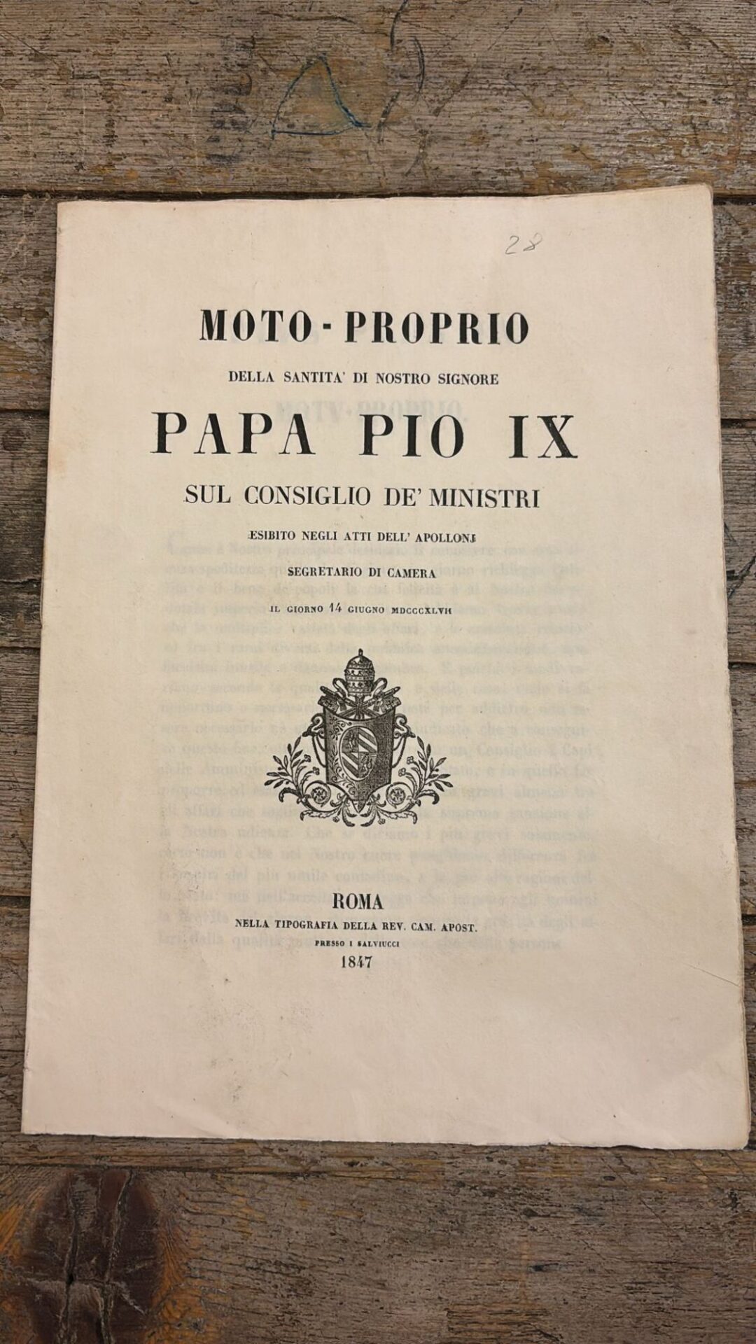 Moto - proprio della santità di nostro signore Papa Pio IX sul consiglio de' ministri