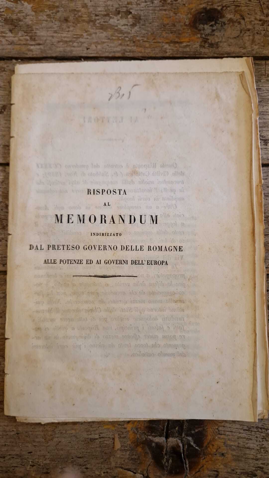 Risposta al memorandum indirizzato dal preteso Governo delle Romagne alle potenze ed ai governi dell'Europa