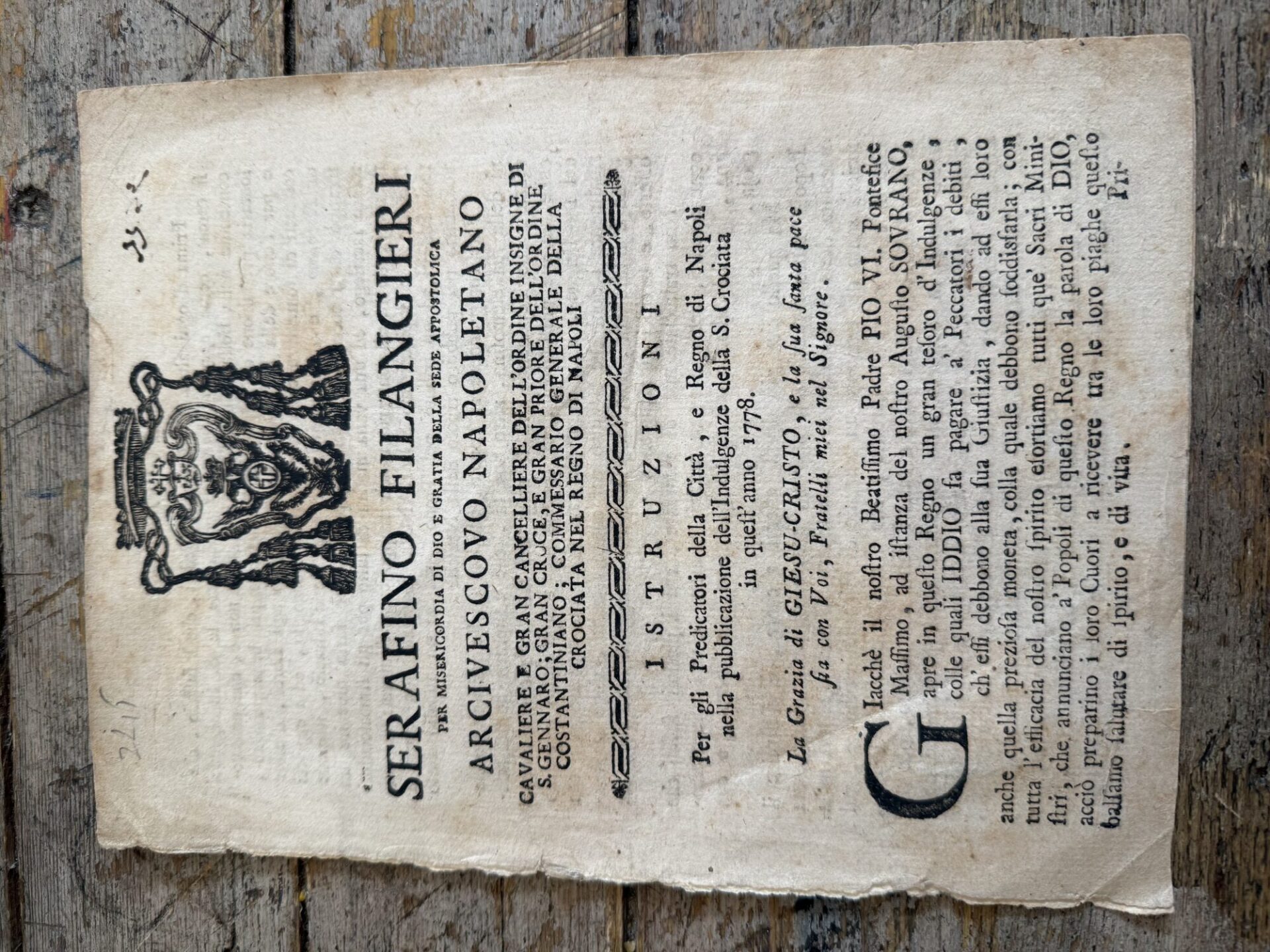 Arcivescovo napoletano. Istruzioni per gli Predicatori della Città, e Regno di Napoli nella pubblicazione dell'Ingulgenze della S. Crociata in quest'anno 1778